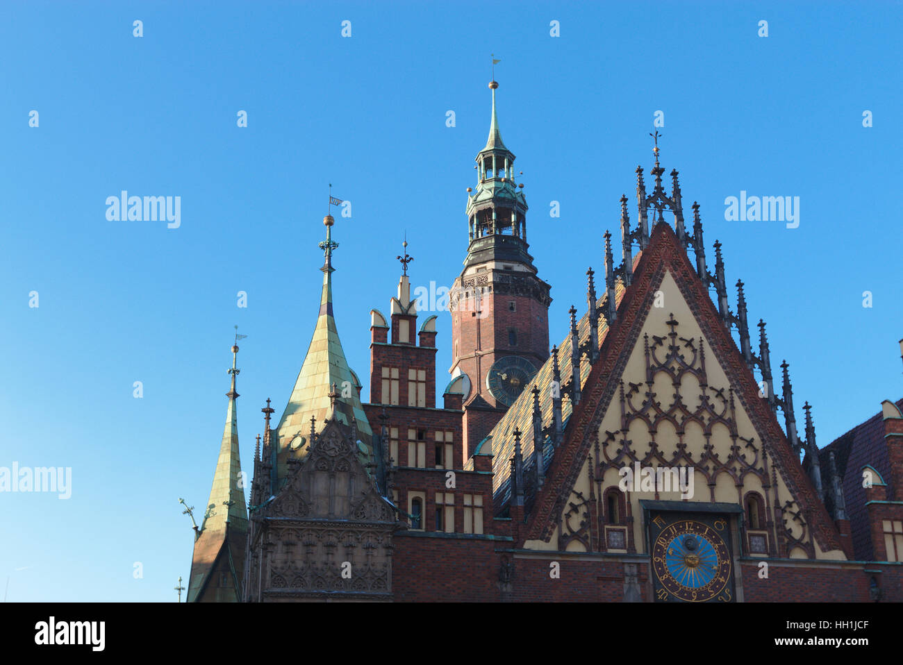 Tower and front with the clock of the old Gothic Town Hall in Wroclaw, Poland Stock Photo