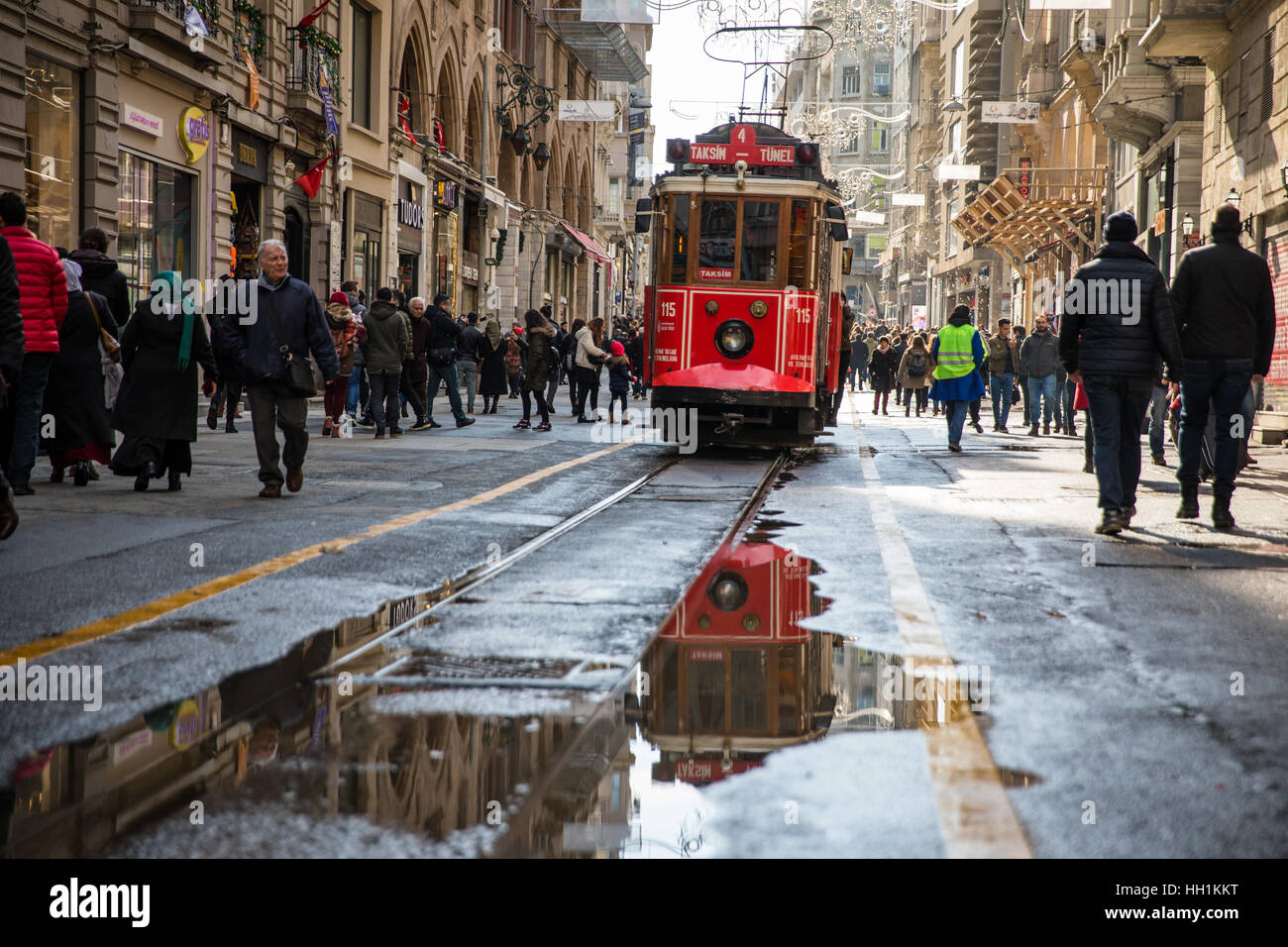 The iconic red tram on Istiklal in Istanbul, Turkey. Stock Photo