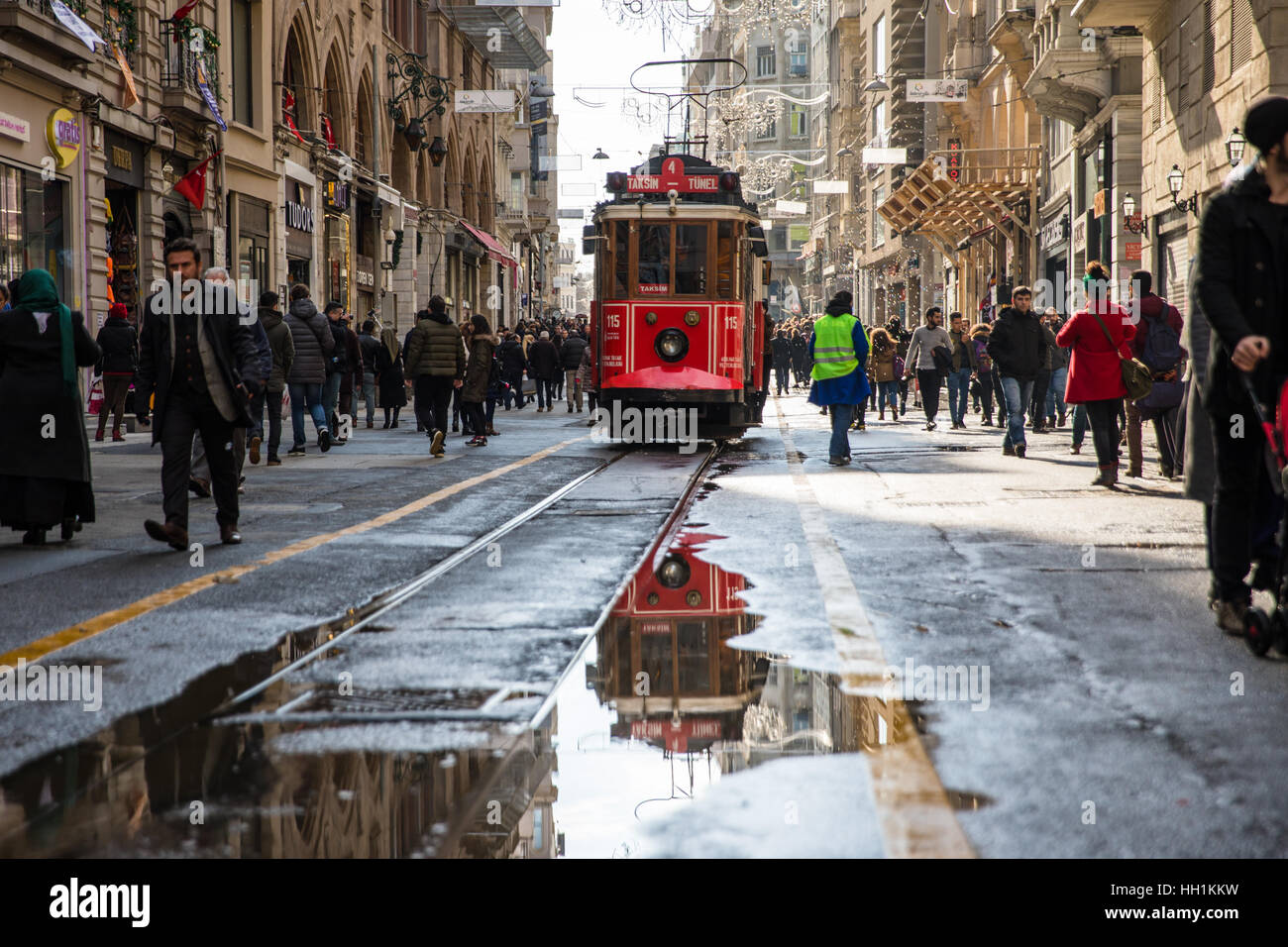 The iconic red tram on Istiklal in Istanbul, Turkey. Stock Photo