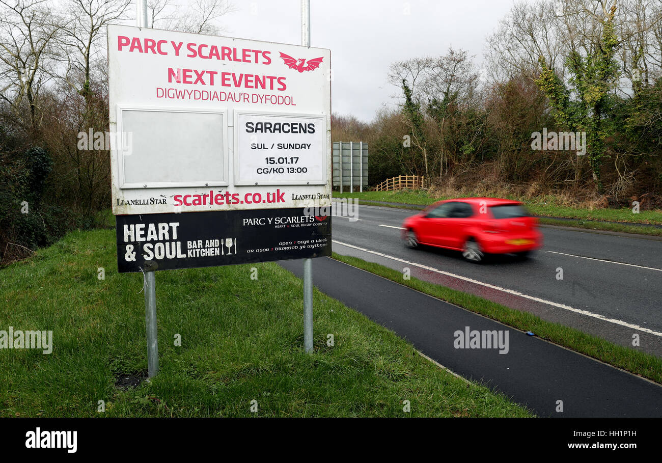 Scarlets Sign A sign advertising Scarlets game with Saracens before the European ...