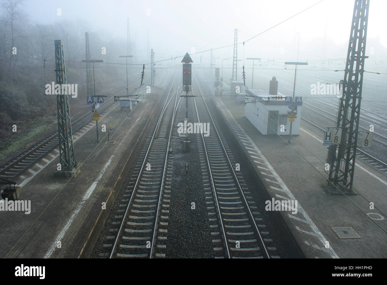 The Fog on Bischofsheim railway station. Mainz. Germany Stock Photo