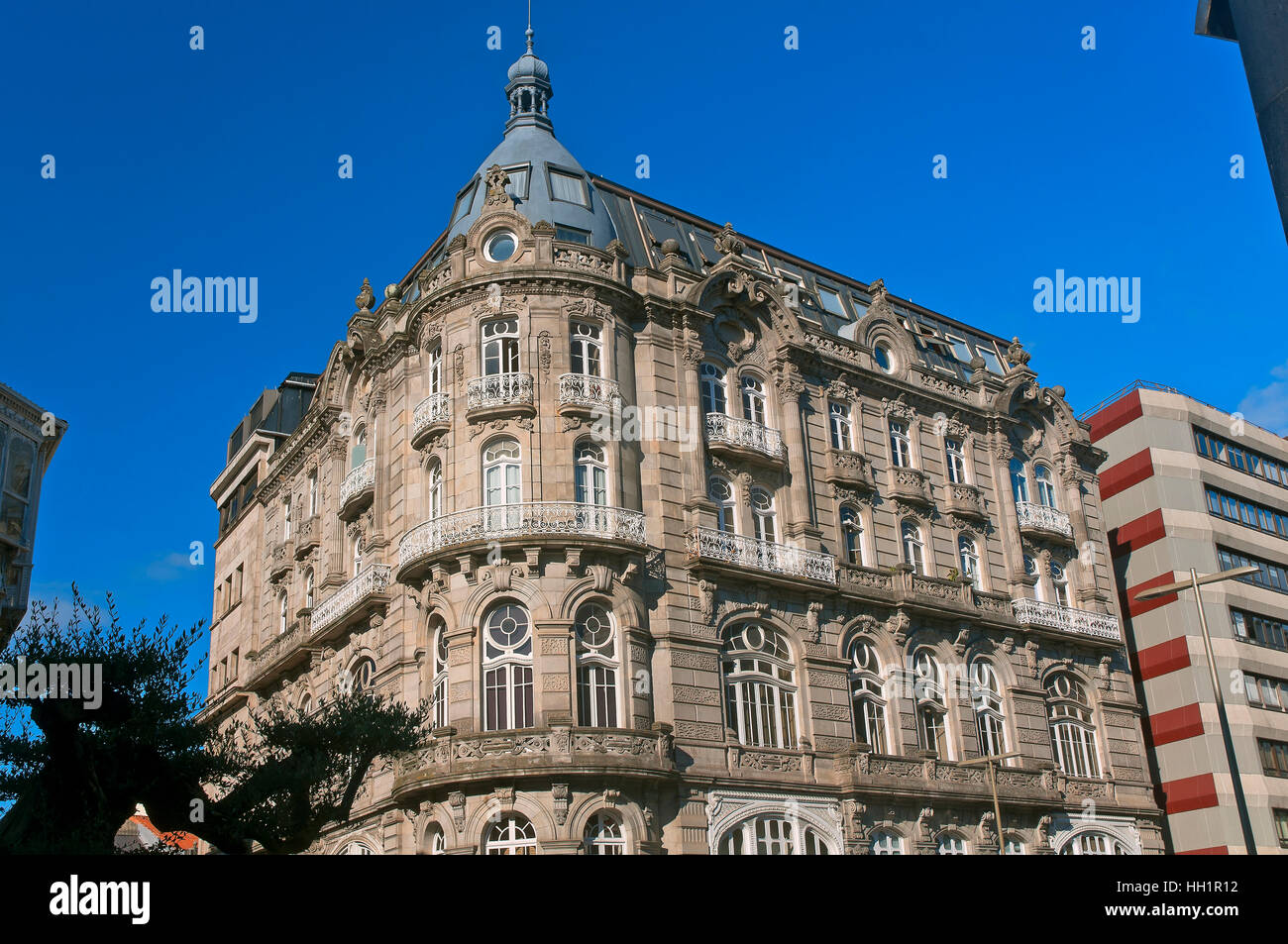 Old building called 'Hotel el Moderno' (year 1902), Vigo, Pontevedra province, Region of Galicia, Spain, Europe Stock Photo