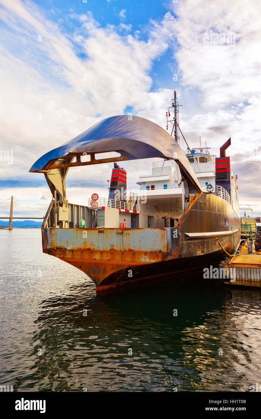 Ship with the bow doors open waiting to be loaded in port of Stavanger, Norway. Stock Photo