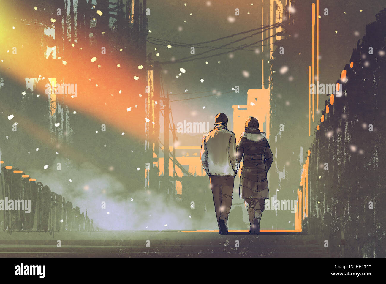 couple in love walking on street of city,illustration painting Stock Photo