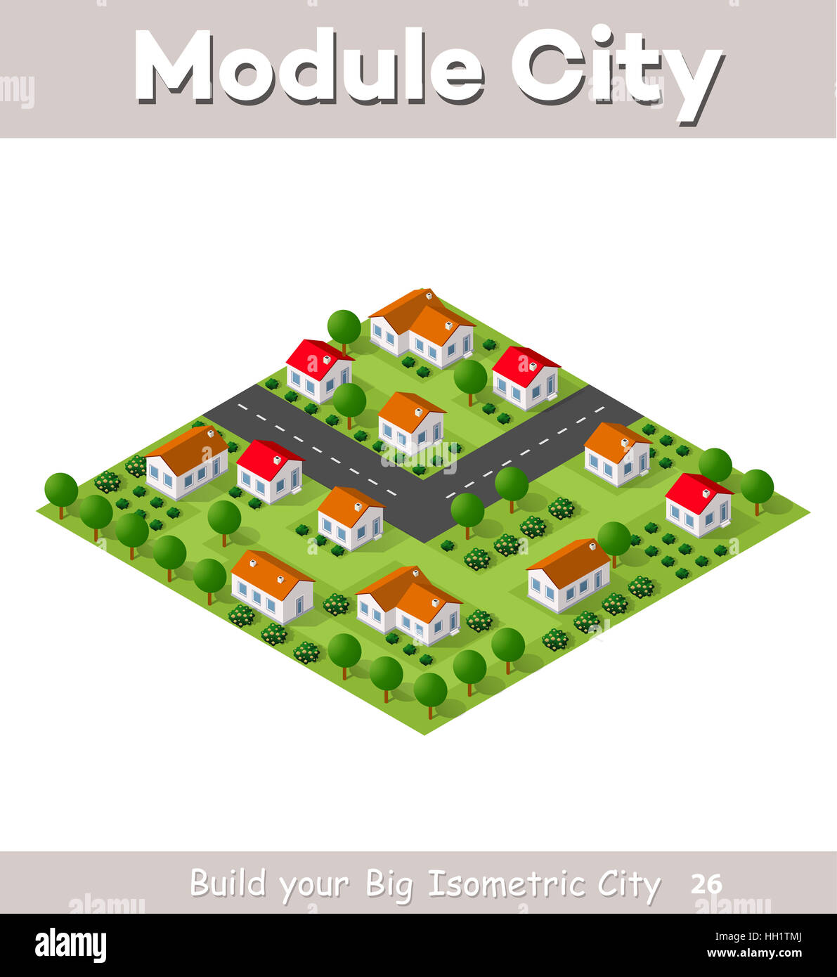Country village of townhouses and rural houses with roads, streets ...