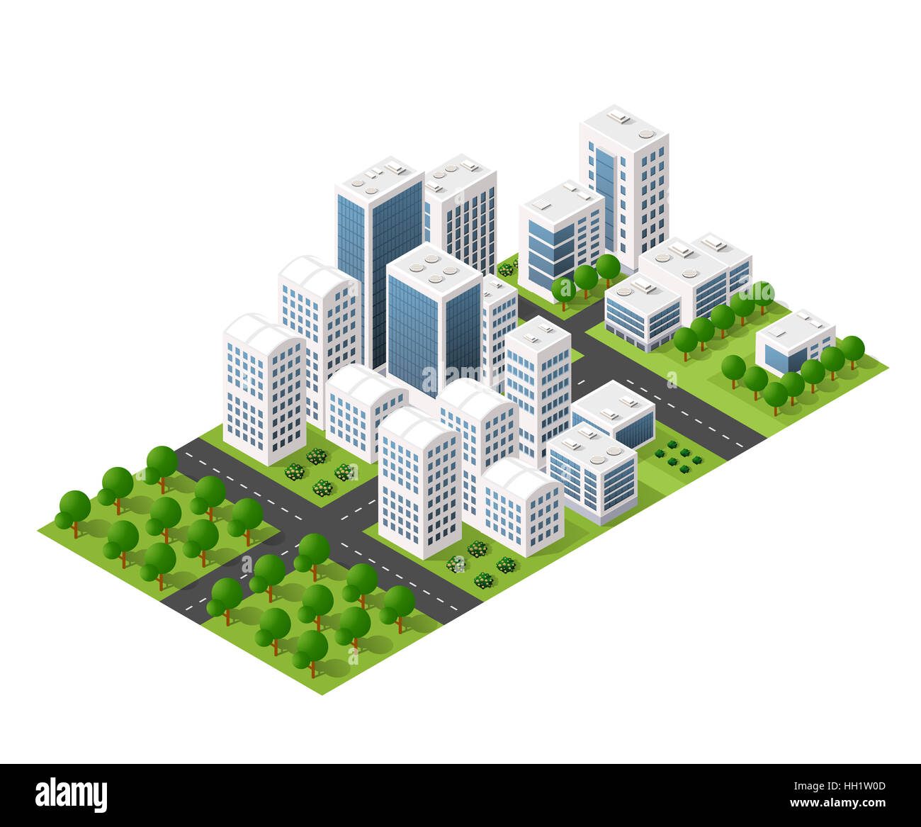 Isometric perspective city with streets, houses, skyscrapers, parks and ...