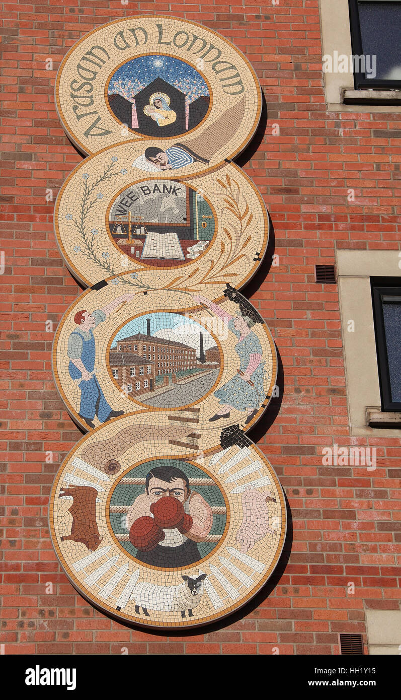 Arasan an Lonnain Mosaic on an apartment building at the Falls Road in Belfast Stock Photo