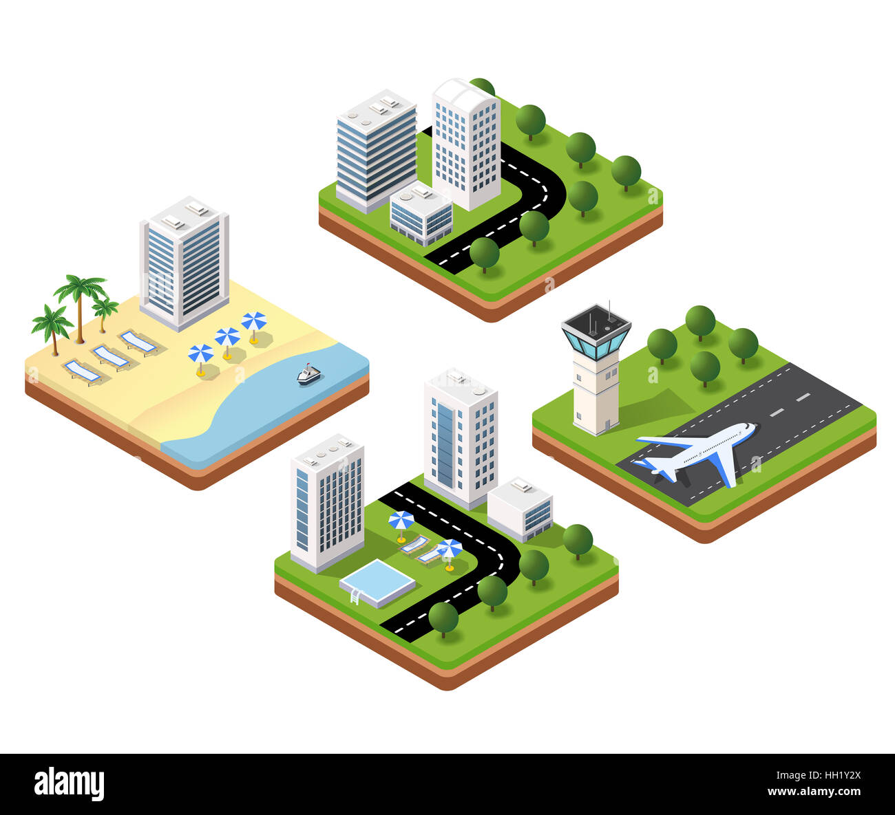 3D isometric icons travels with beach landscape with the hotel and the parasols, the airport terminal and a hotel with a swimming pool Stock Photo