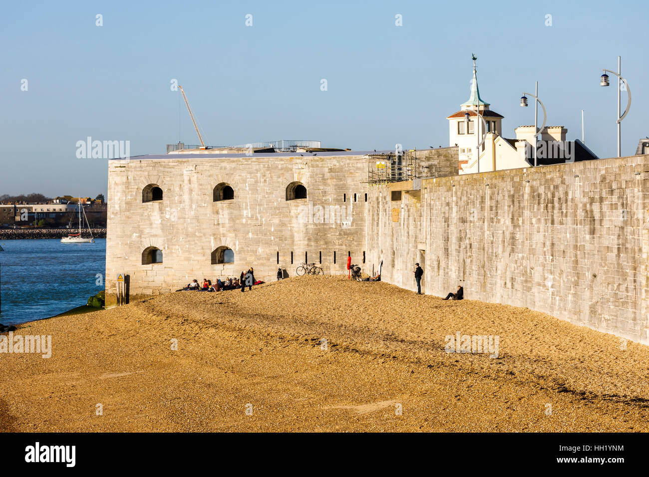 View of the historic medieval fortifications of Old Portsmouth, Hampshire, southern England on a sunny day in winter, blue sky Stock Photo