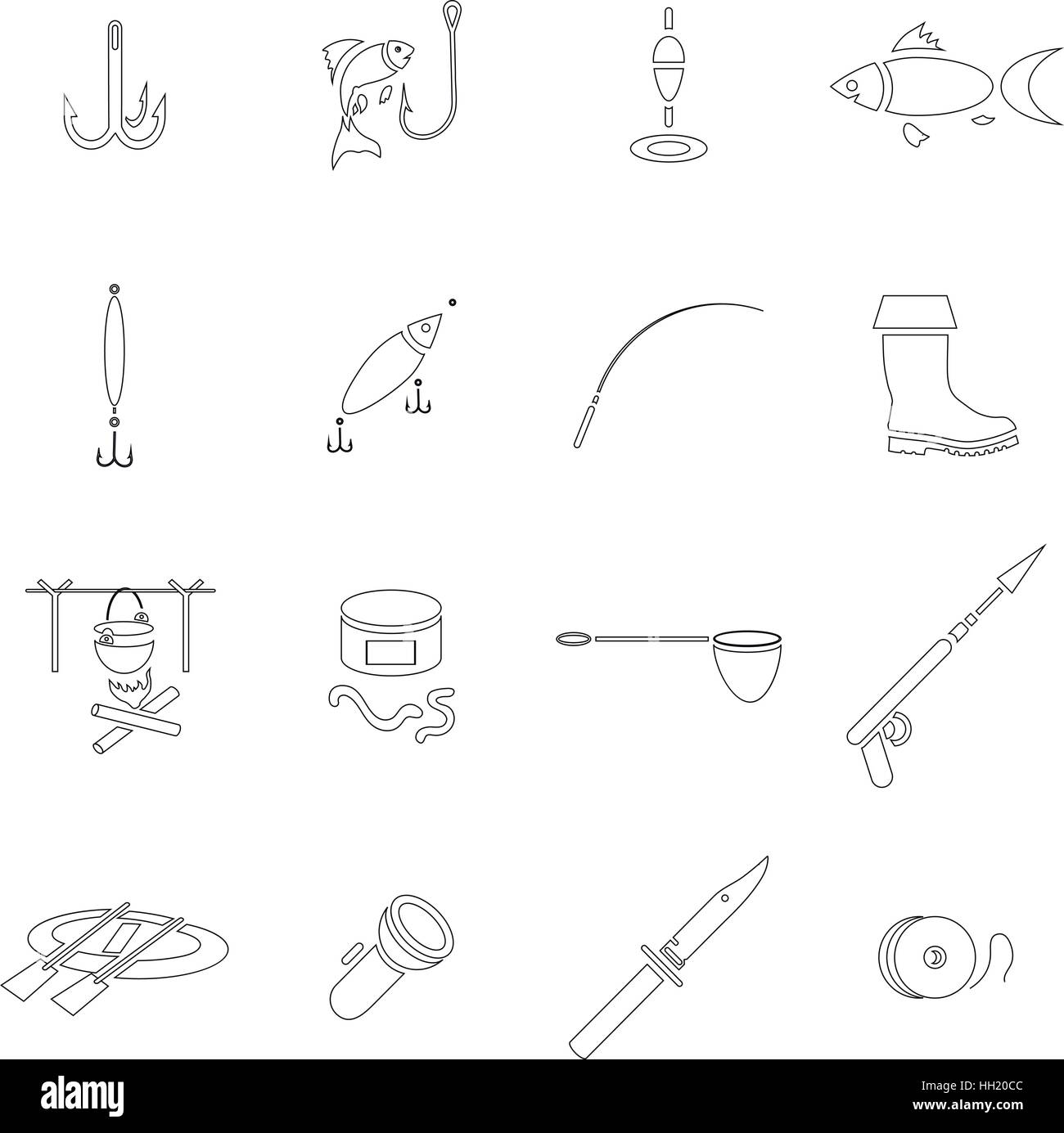 Fishing icon set, outline style Stock Vector