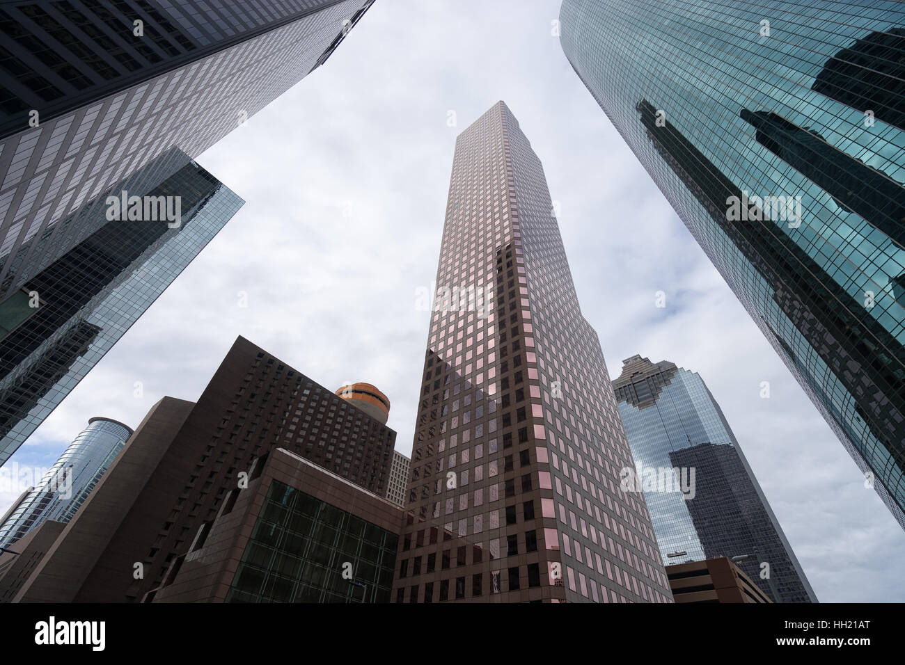 December 29, 2015 Houston, Texas: modern steel and glass high-rise buildings against the cloudy sky in the financial district Stock Photo