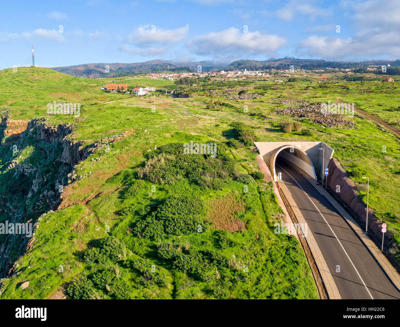 Rural Countryside with Tunnel Road Madeira Island, Aerial View Stock Photo