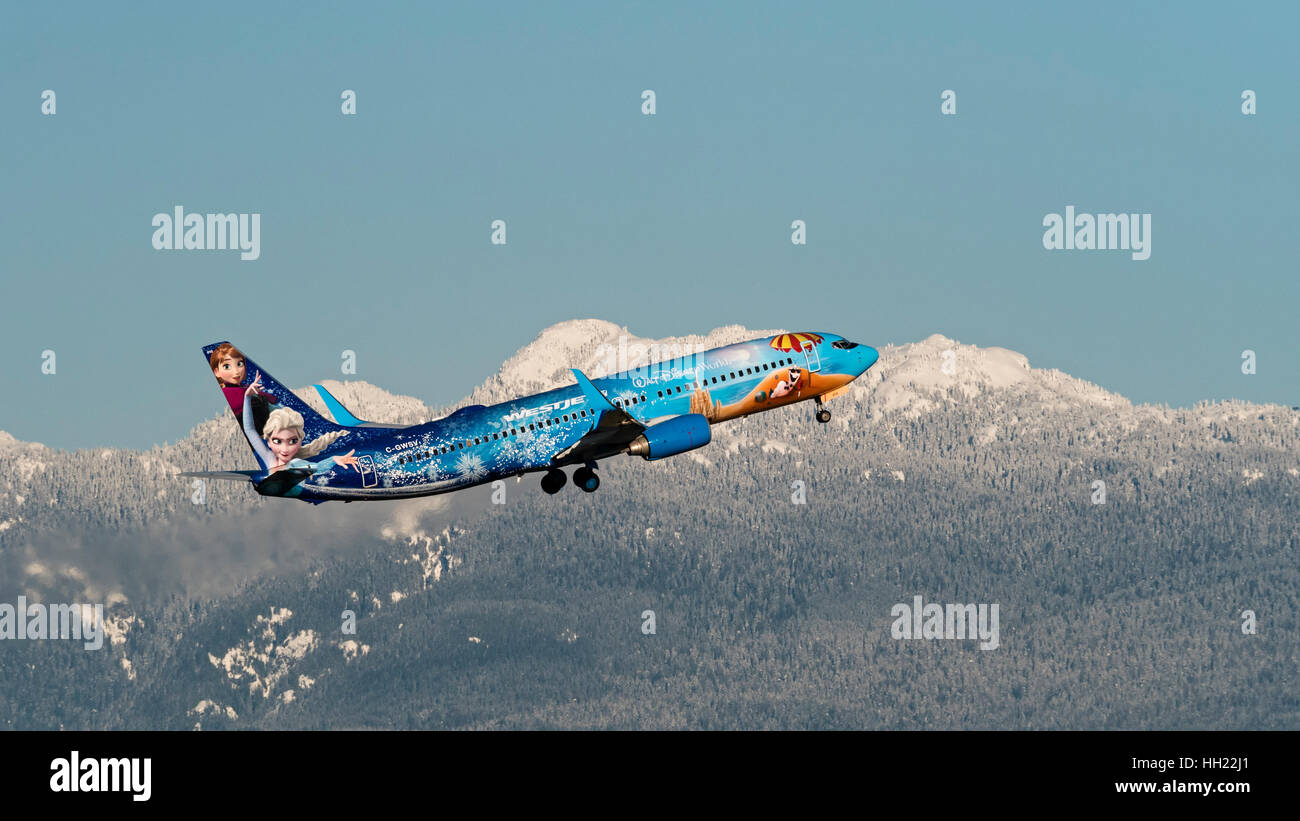A WestJet Boeing 737 (737-800) C-GWSV plane painted in special Disney 'Frozen' livery Stock Photo