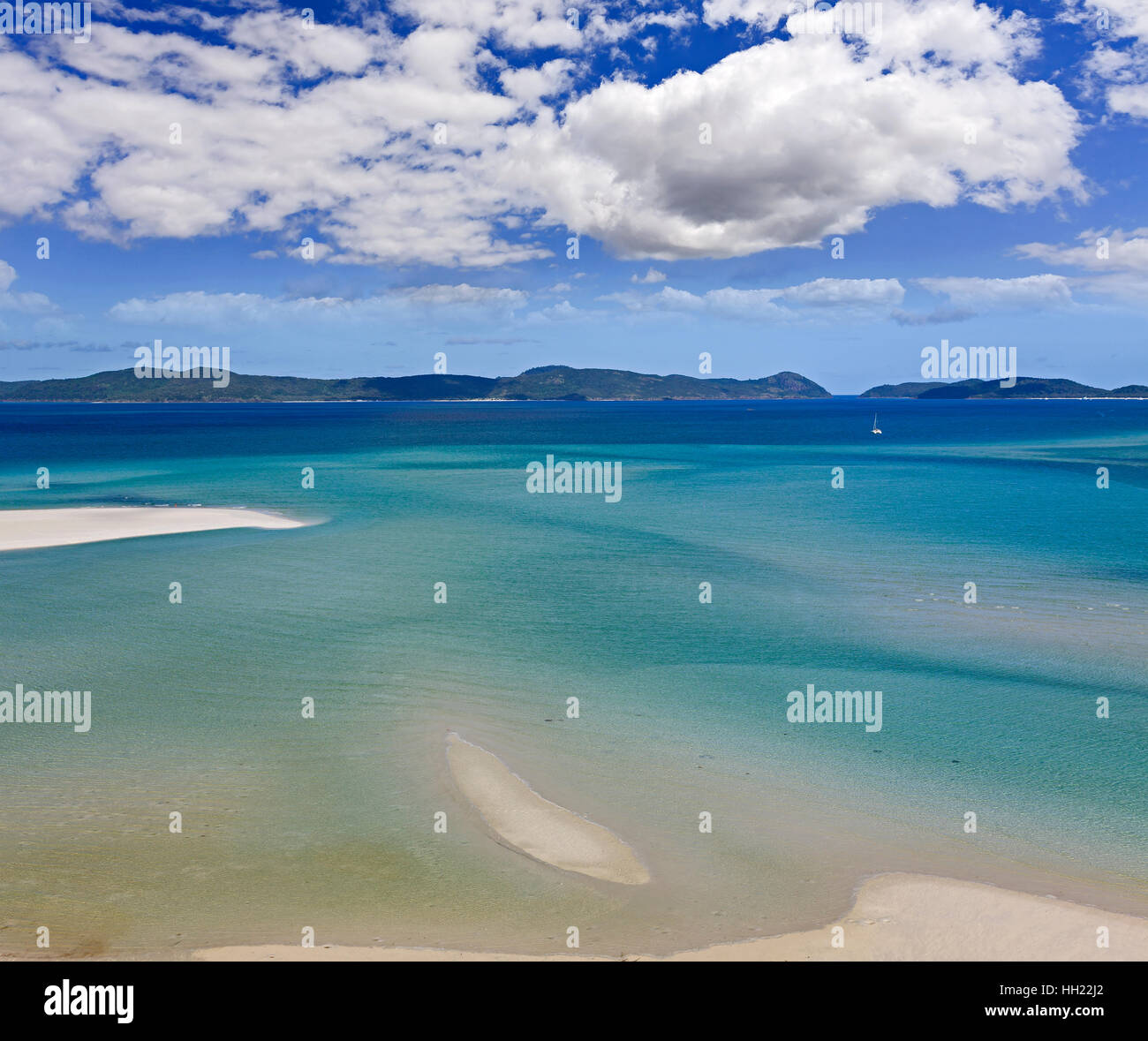 Whitehaven island white silica sand beach in aerial view from above. Flat and shallow bay covered by clean tiding - Stock Image