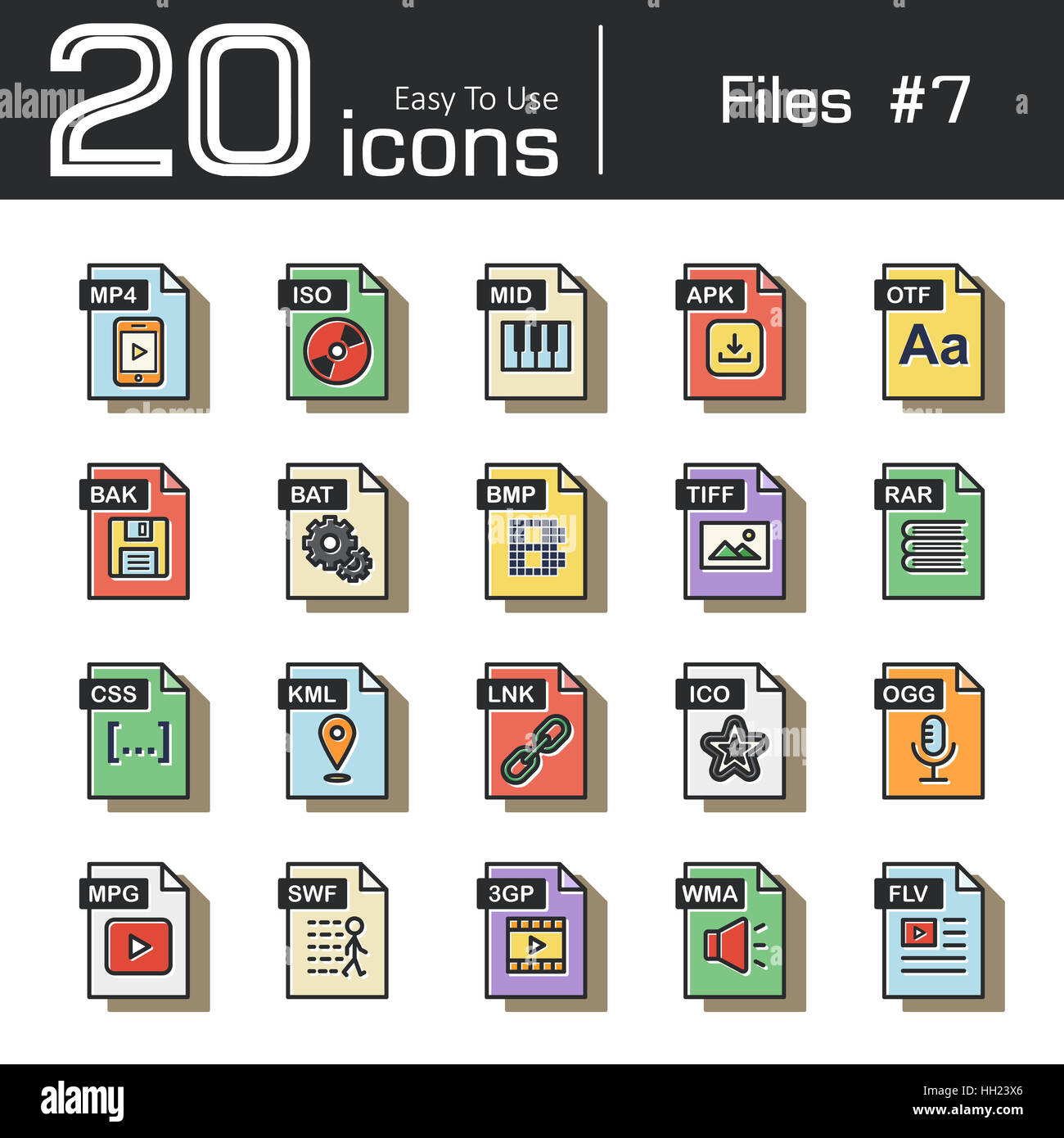 Files icon set 7 ( mp4 , iso , mid , apk , otf , bak , bat , bmp , tif ,  rar , css , kml , ink , ico , ogg , mpg , swf , 3gp , wma , flv ) vintage  and Stock Photo - Alamy