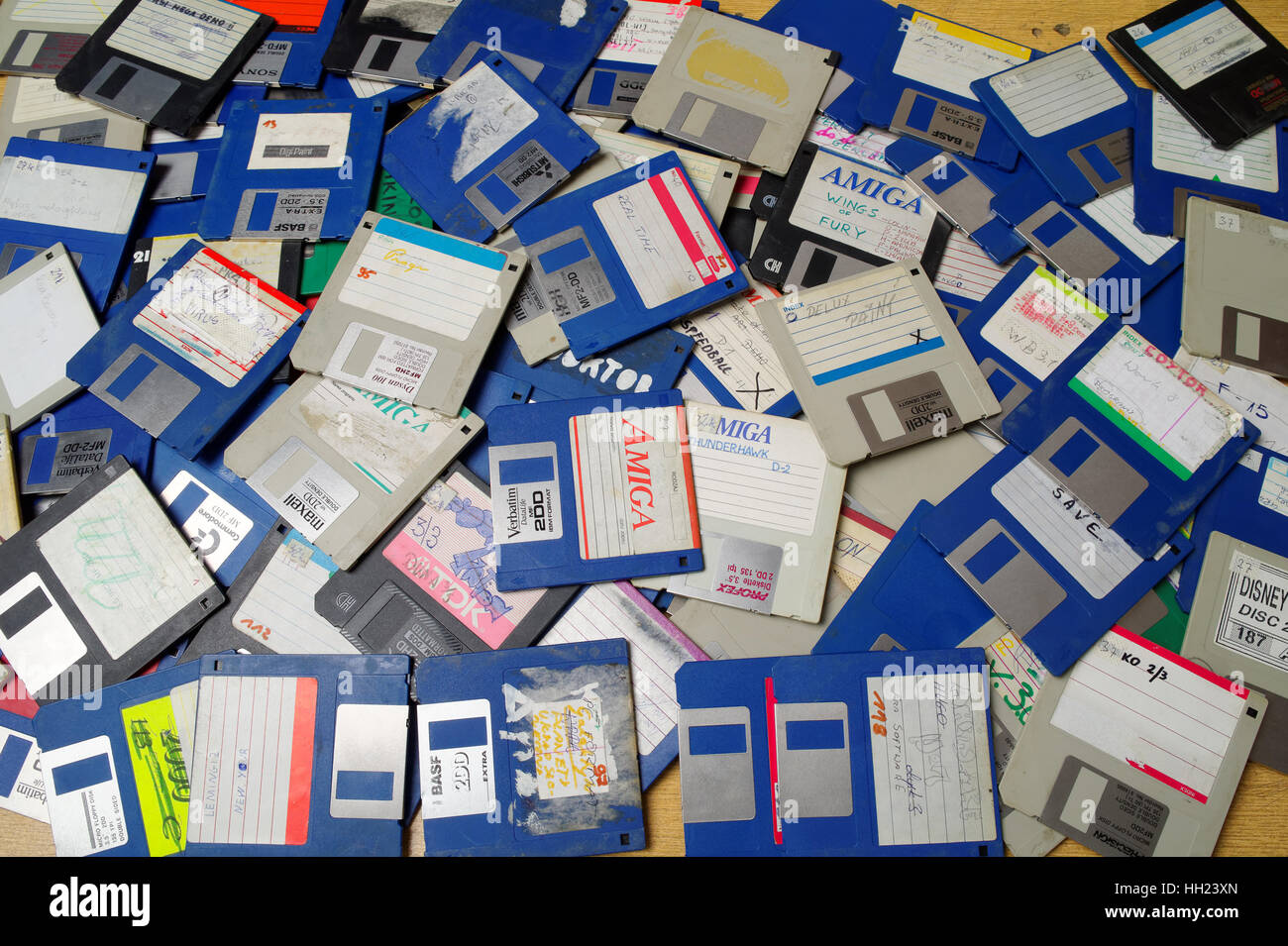 scattered 3.5 inch diskettes for Amiga Stock Photo