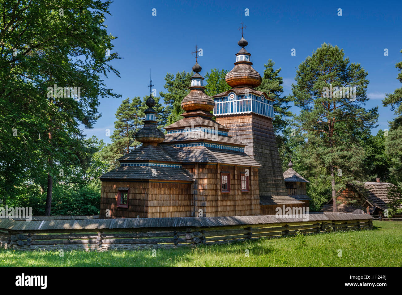Greek Catholic Church, 1801, wood shingle siding, from Ropki, Lemkos ethnic group, Rural Architecture Museum in Sanok, Poland Stock Photo