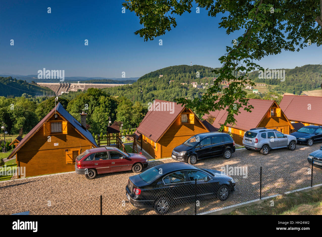 Cabins near Solina Lake Dam, Bieszczady Mountains, Malopolska, Poland Stock Photo