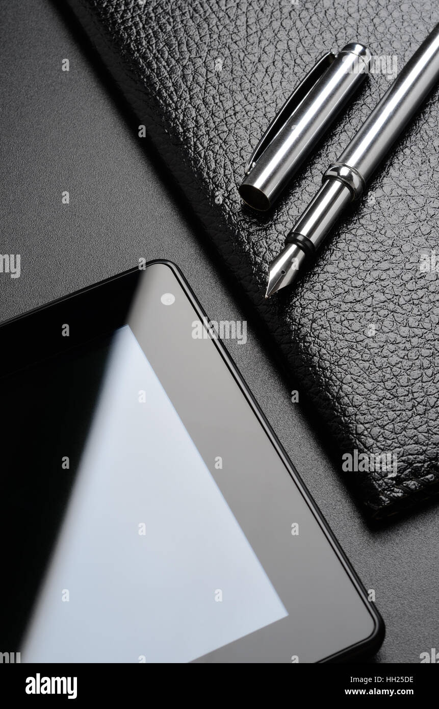 Business still life card holder, tablet, fountain pen Stock Photo Alamy