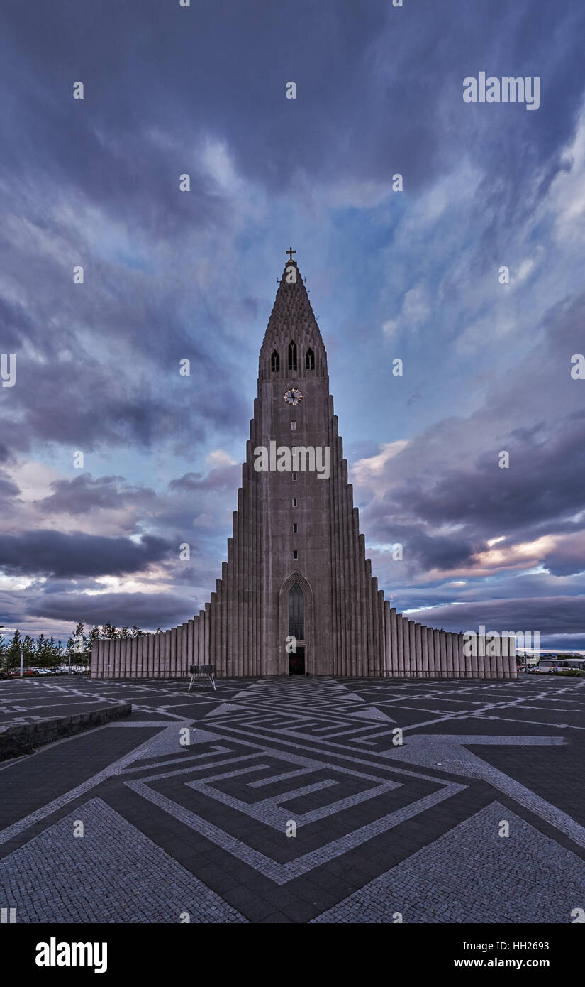 Hallgrímskirkja is a Lutheran parish church in Reykjavík, Iceland. At 73 metres high it is the largest church in Iceland. Stock Photo