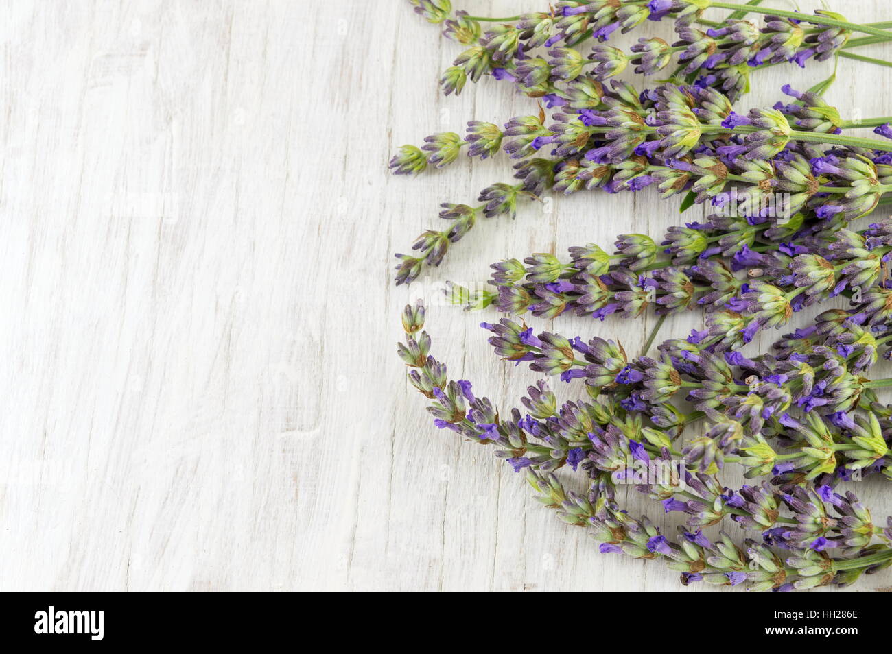 Lavender flower branches on a wooden table Stock Photo