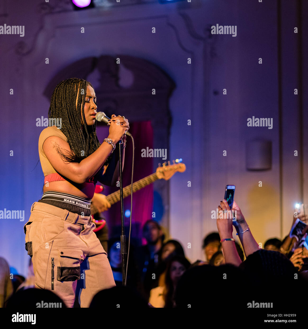 Ray BLK, UK singer, singing with her band at a live gig in September 2016. Stock Photo