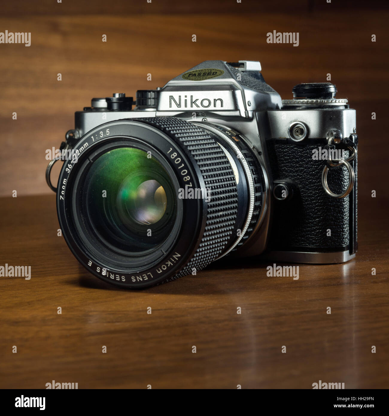 A classic, collectible Nikon FE 35mm SLR film camera from the early 1980's Stock Photo