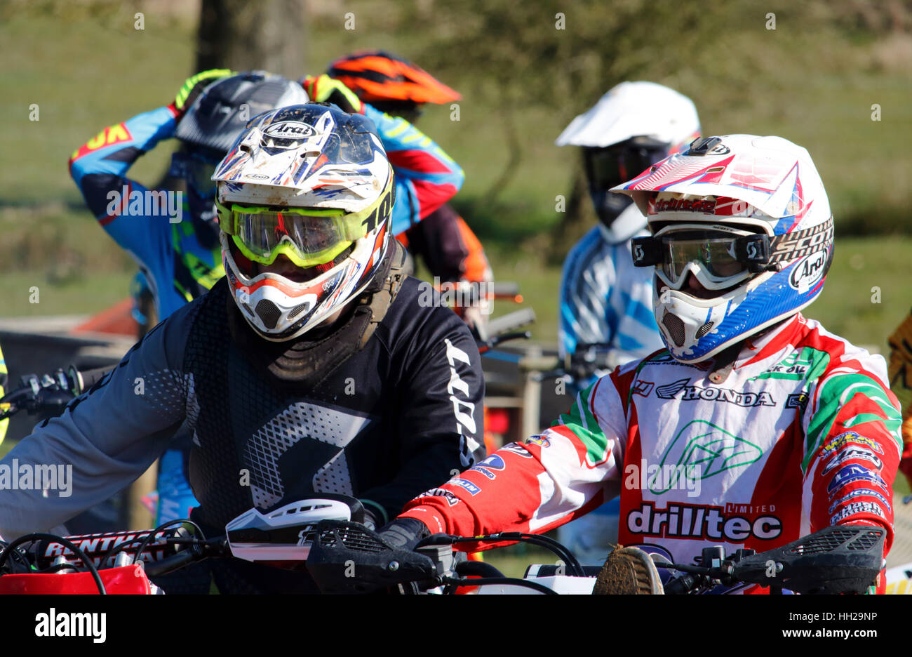 Motocross riders in a race at Badby in Northamptonshire Stock Photo Alamy