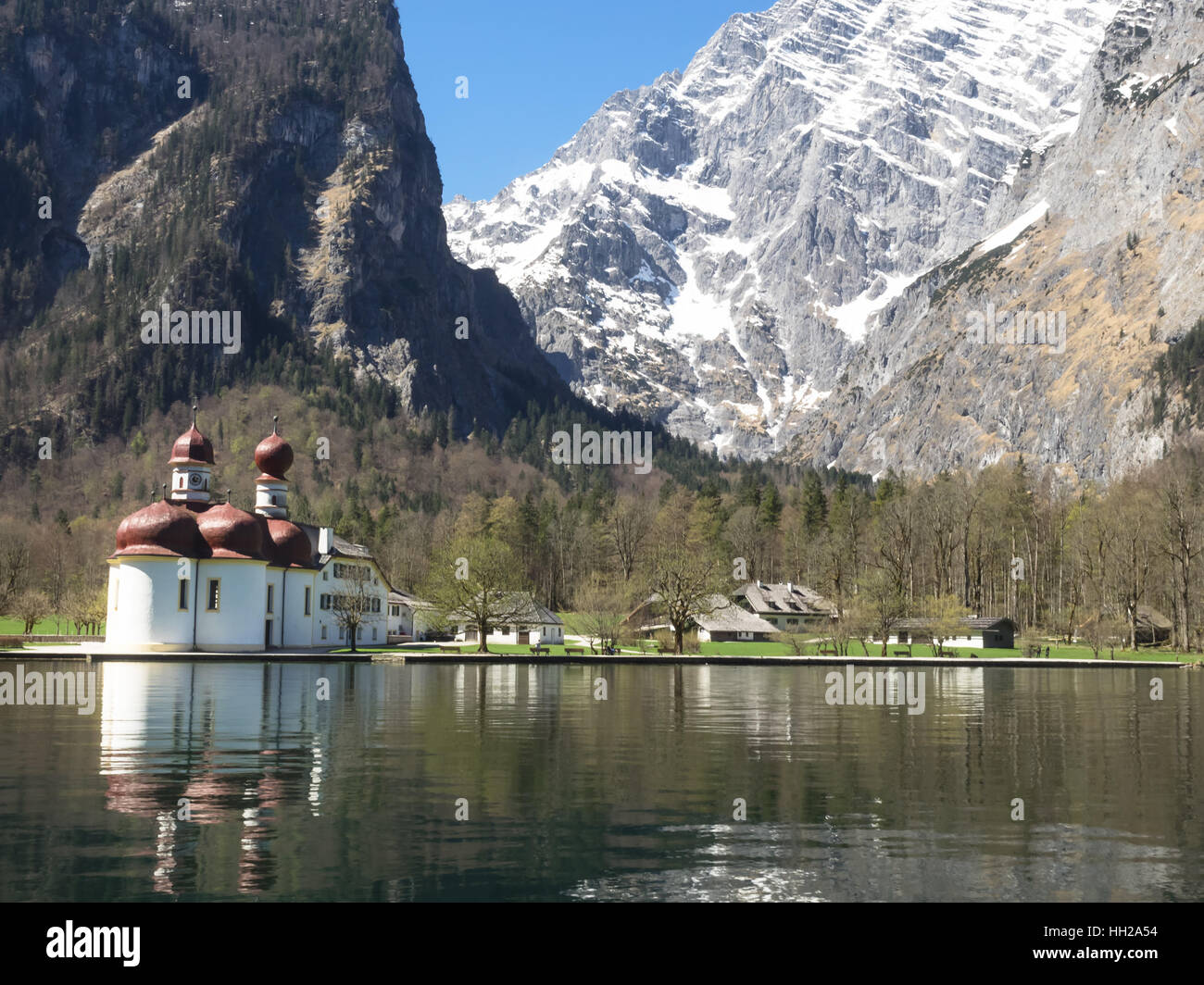 Lake Koenigssee and pilgrimage church Saint Bartholomae, Bavarian Alps, Germany Stock Photo
