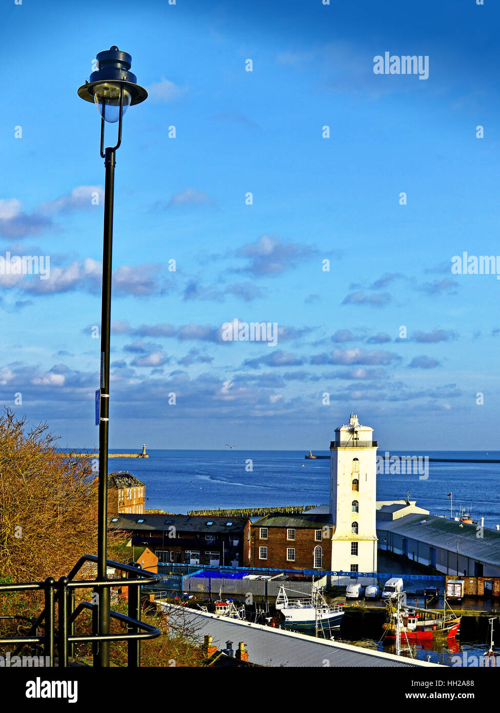 North Shields fish quay Tynemouth piers and Low Lights lighthouse Stock