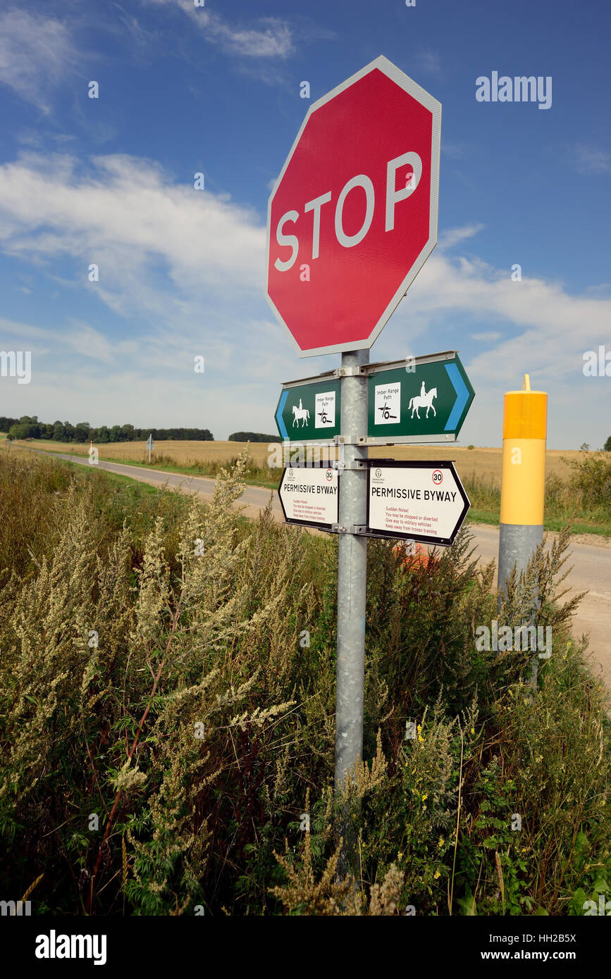 Signs at a tank crossing on Salisbury Plain military training area. Stock Photo