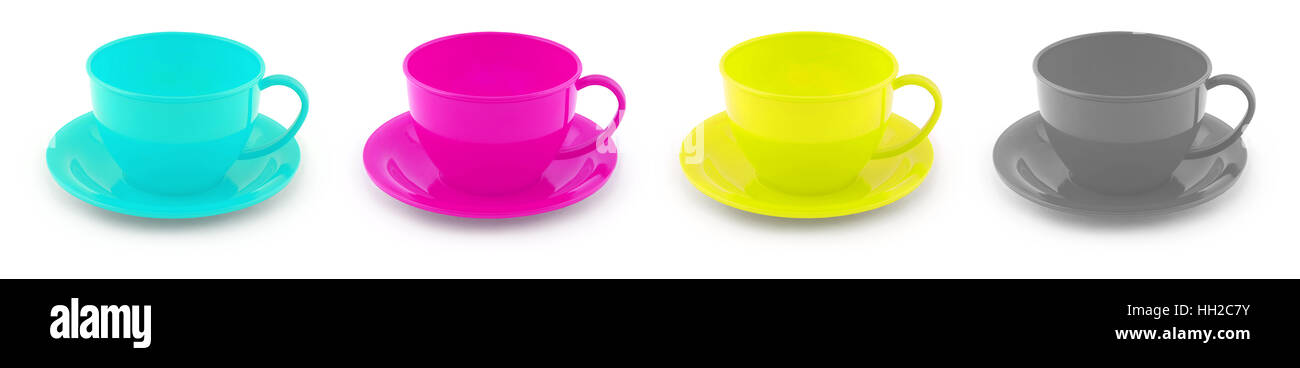 Collection of children's toys cups on white. Stock Photo
