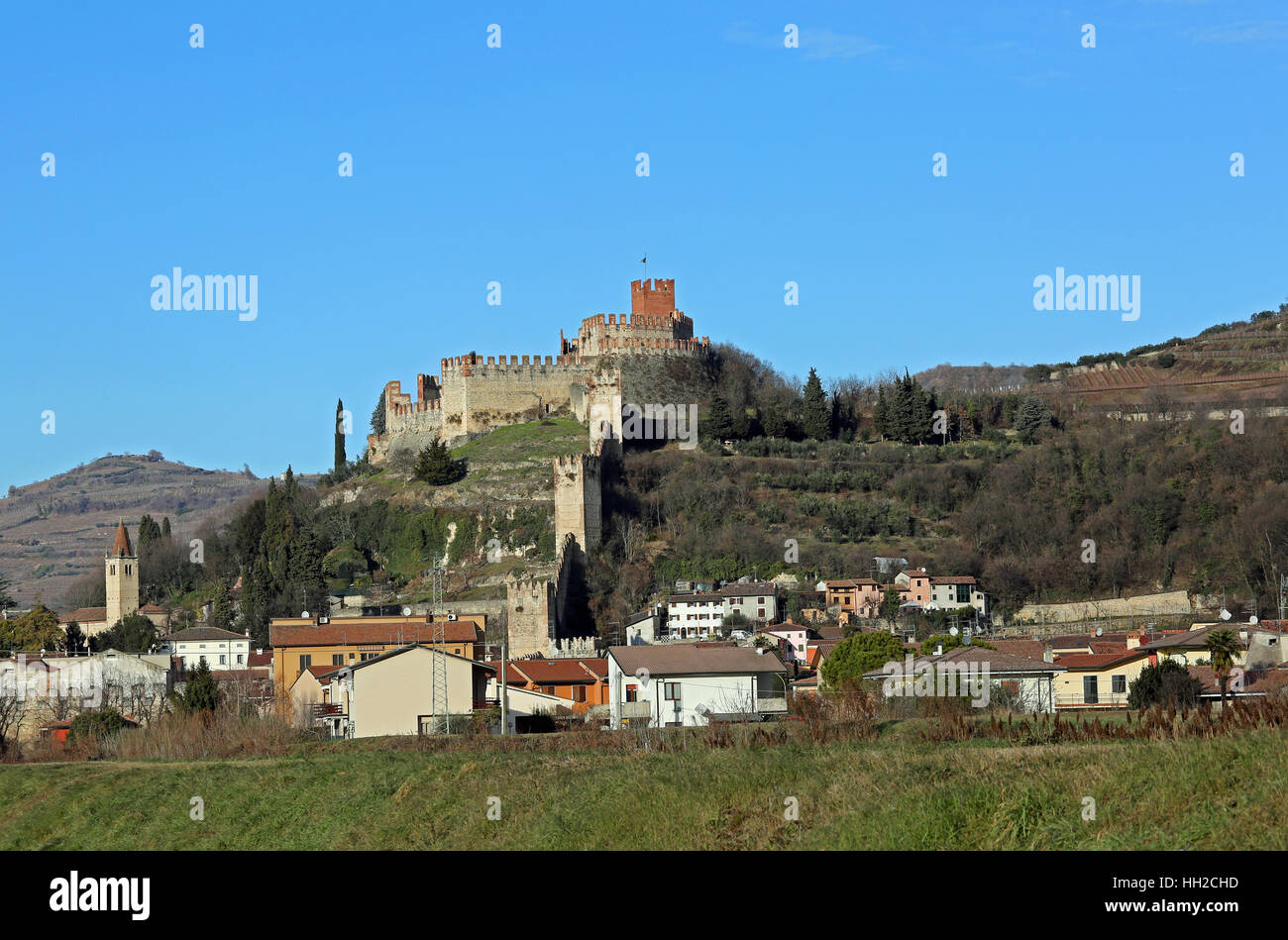 view of the Castle of Soave in the Province of Verona in Northern Italy Stock Photo