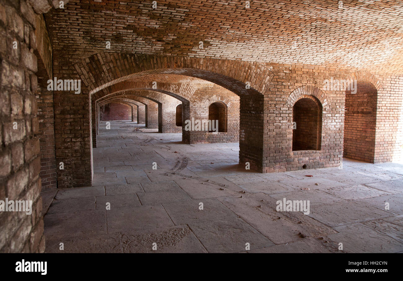 Rows of Brick Arches within the wall of Fort Jefferson-Dry Tortugas National Park, Florida Stock Photo