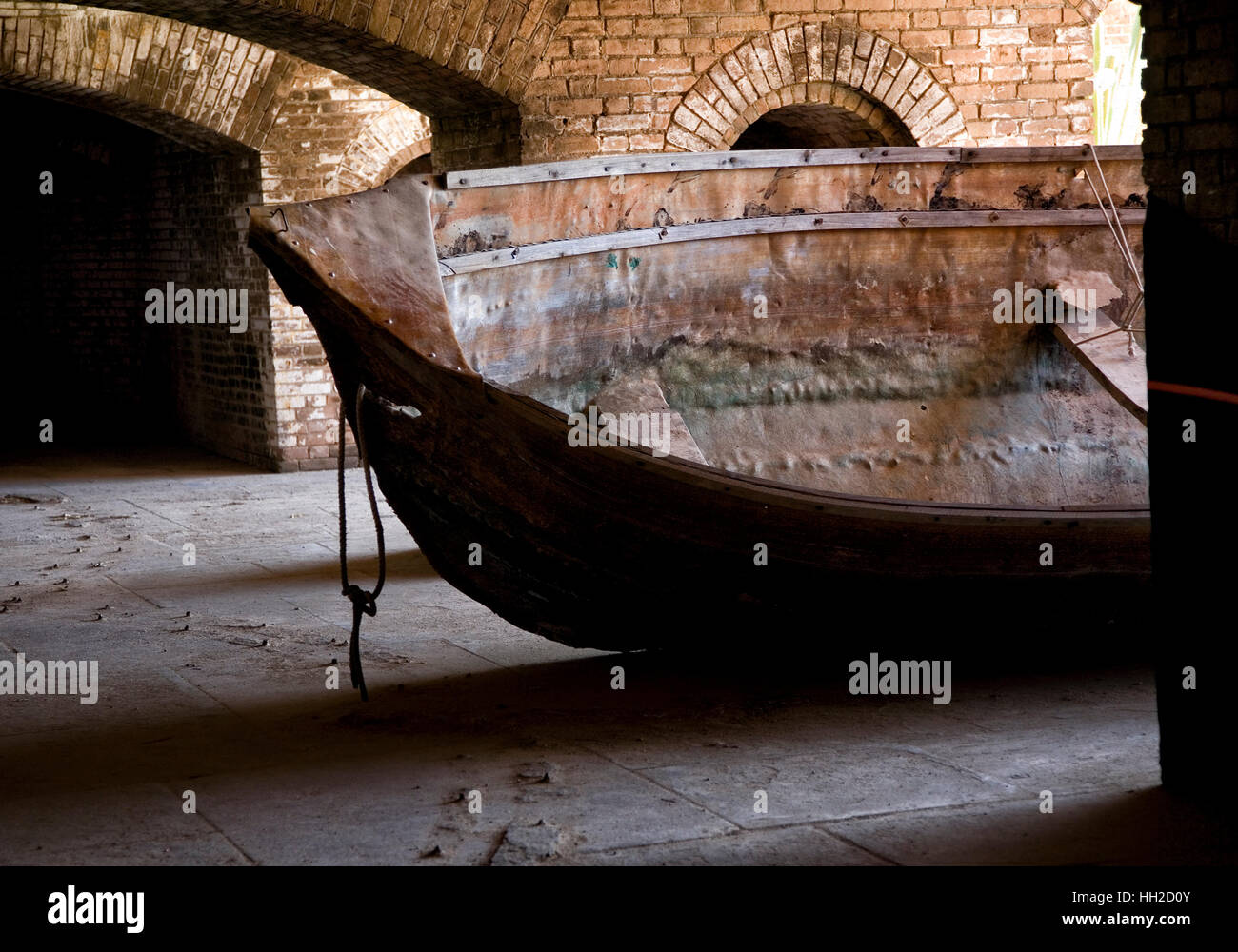 Skiff pulled inside walls of Fort Jefferson, Dry Tortugas Stock Photo