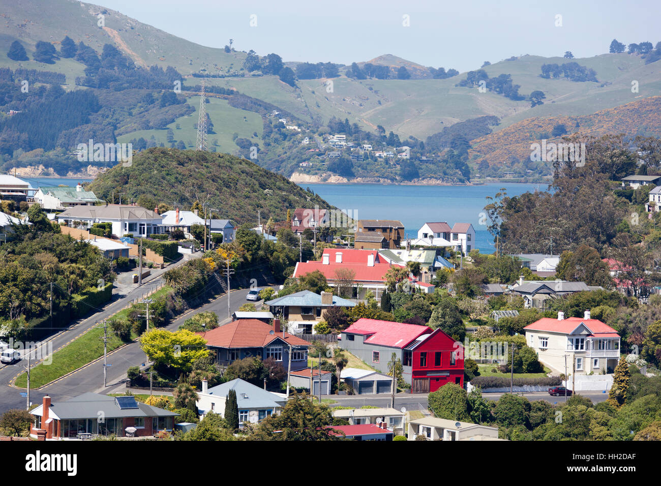 The view of Port Chalmers houses, the suburb of Dunedin city. Stock Photo