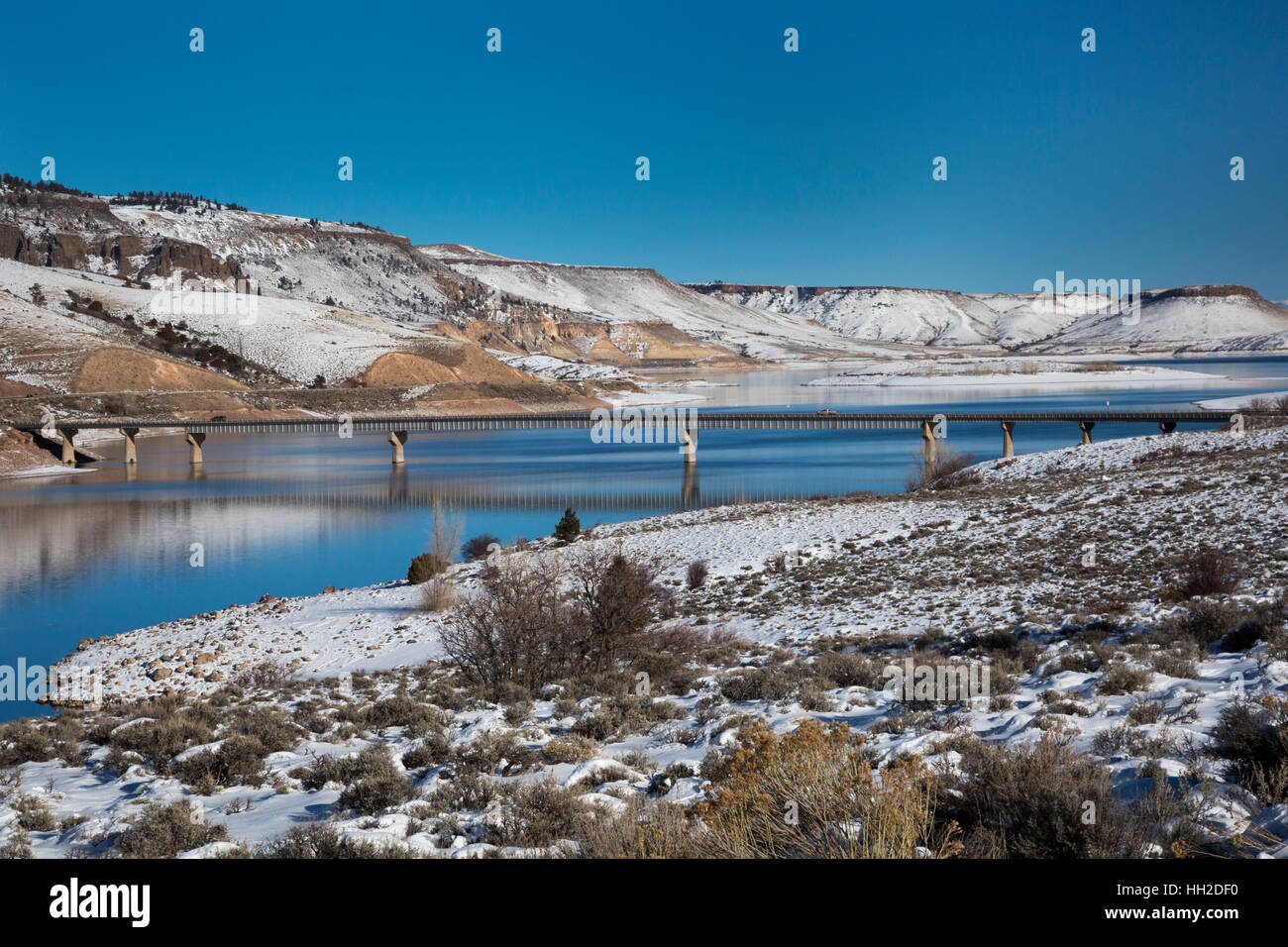Sapinero, Colorado - The U.S. Highway 50 bridge over Blue Mesa Reservoir in Curecanti National Recreation Area. The reservoir was created by damming t Stock Photo