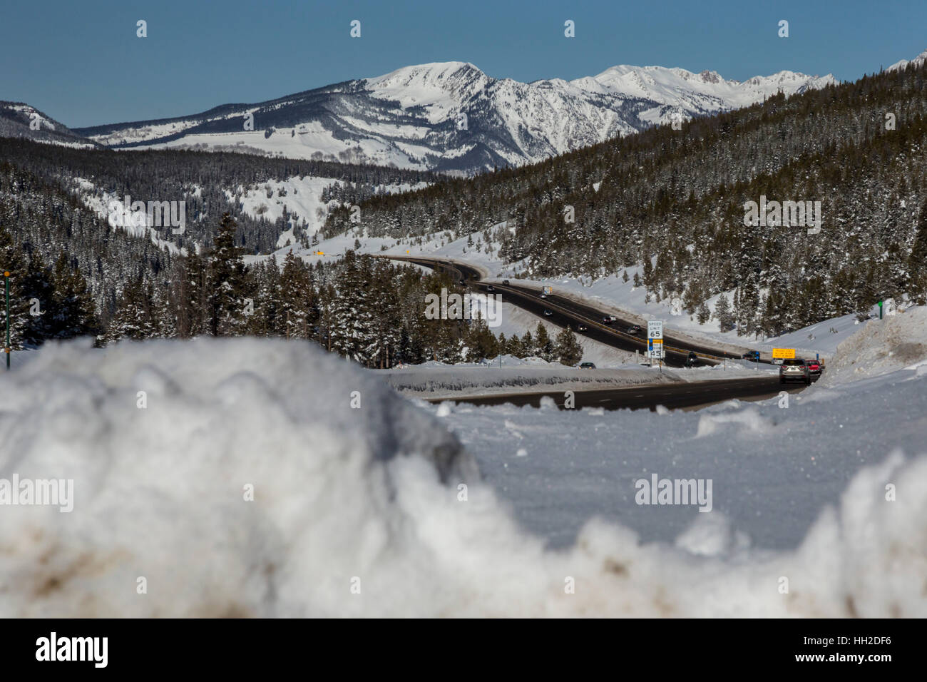 Vail, Colorado - Winter on Interstate 70 at Vail Pass at in the Rocky Mountains. Stock Photo