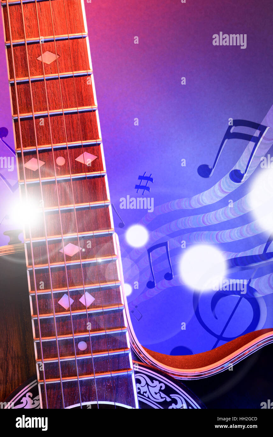 Conceptual illustration acoustic guitar music with flying notes