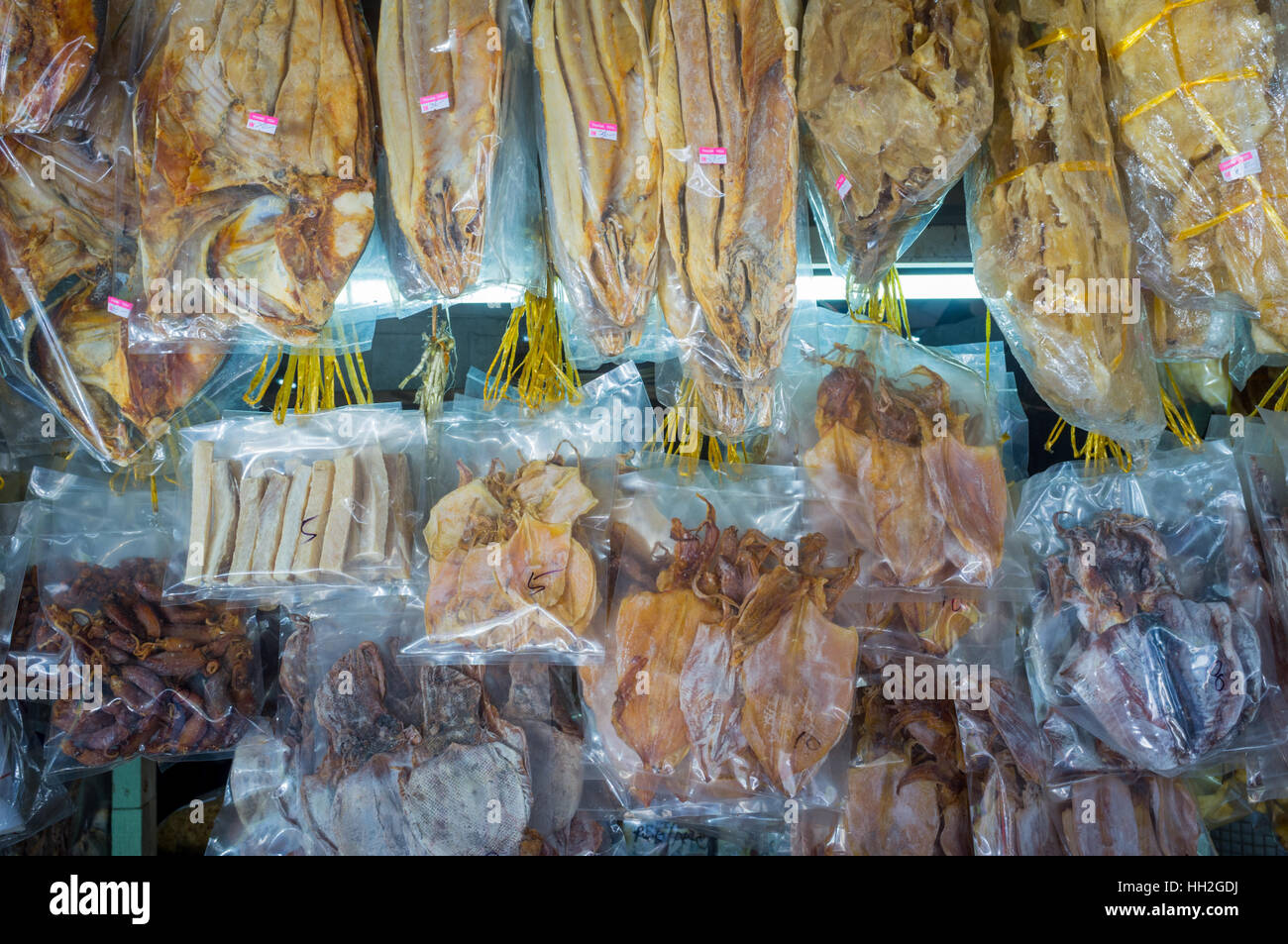 Dried fish on sale in a market in Kota Kinabalu, Malaysian Borneo Stock Photo