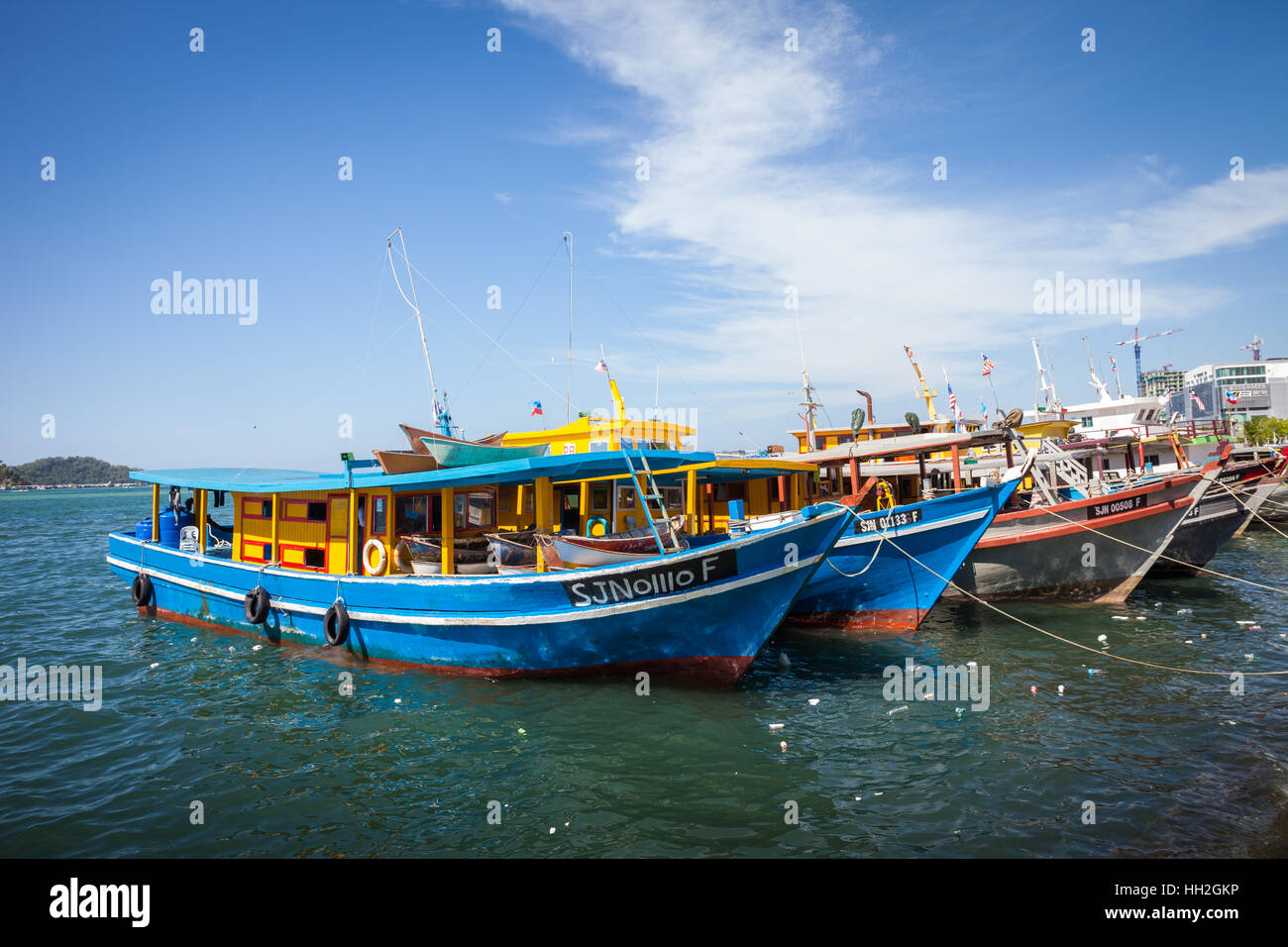 Fishing boats in harbour, Kota Kinabalu, Malaysian Borneo Stock Photo