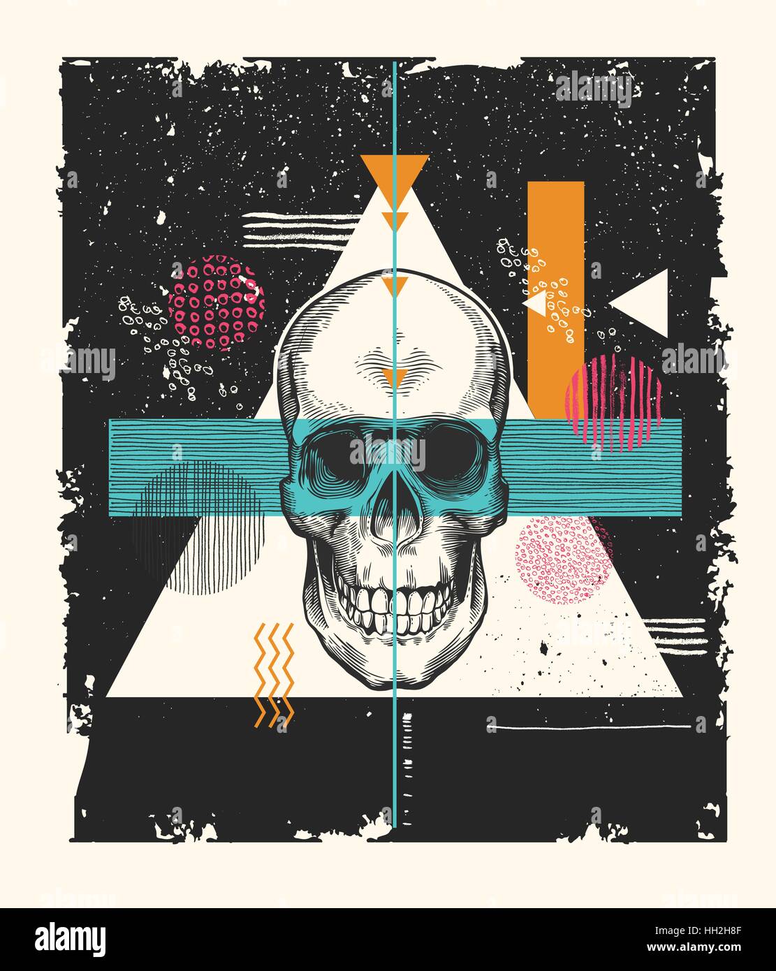 Human skull drawn in etching style surrounded by multicolored geometric shapes of different textures on black scratched and shabby background. Grunge vector illustration for banner, poster, print Stock Vector