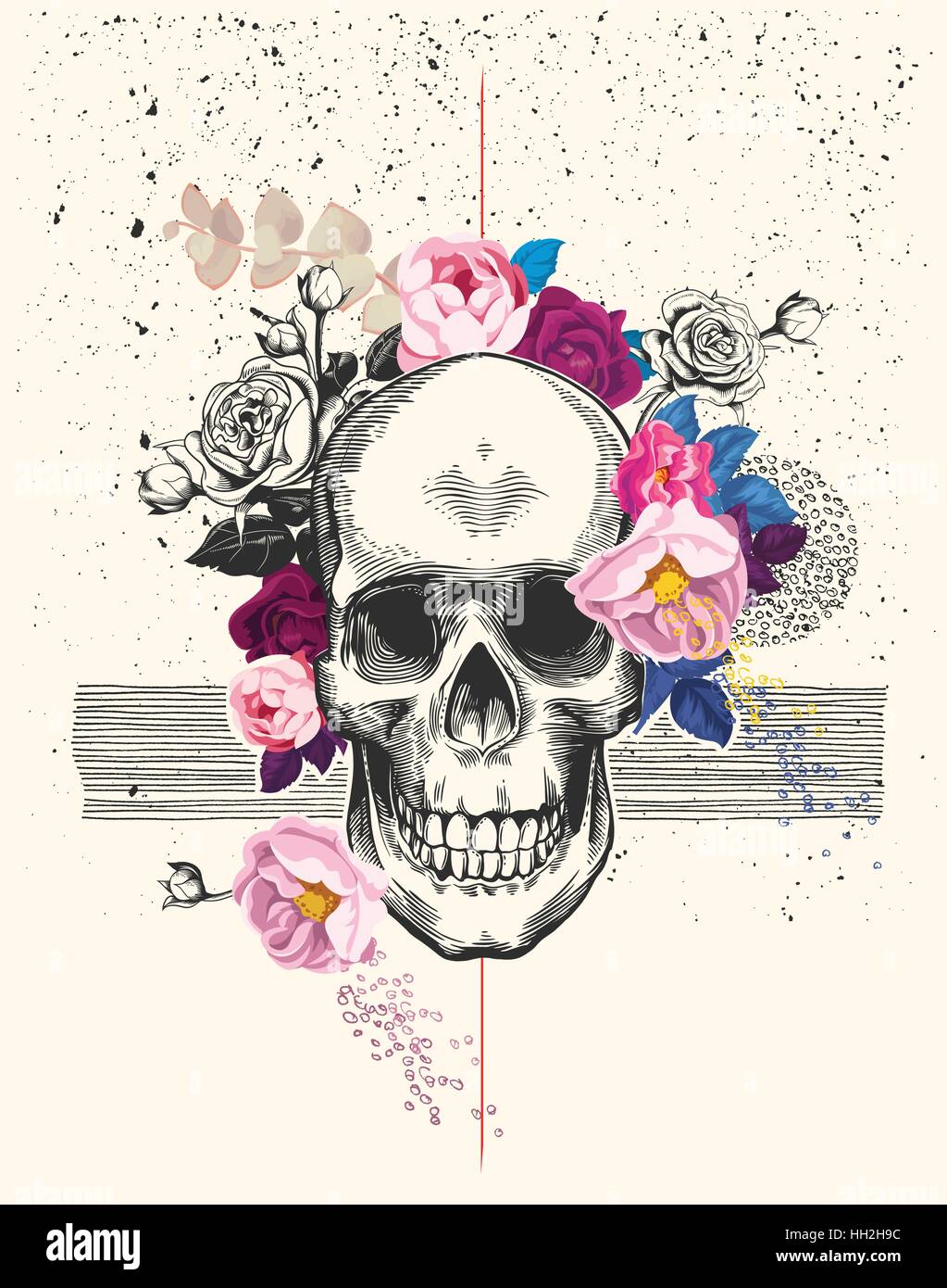 Naturalistic human skull drawn in etching style and surrounded by rose flowers with black ink spatter and lines on background. Trendy vector illustration for postcard, flyer, t-shirt print, poster Stock Vector