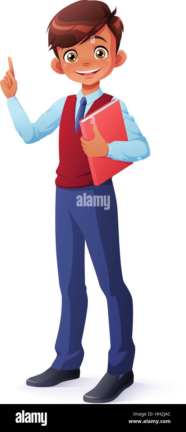 Vector smart smiling schoolboy index finger pointing up with idea. Stock Vector