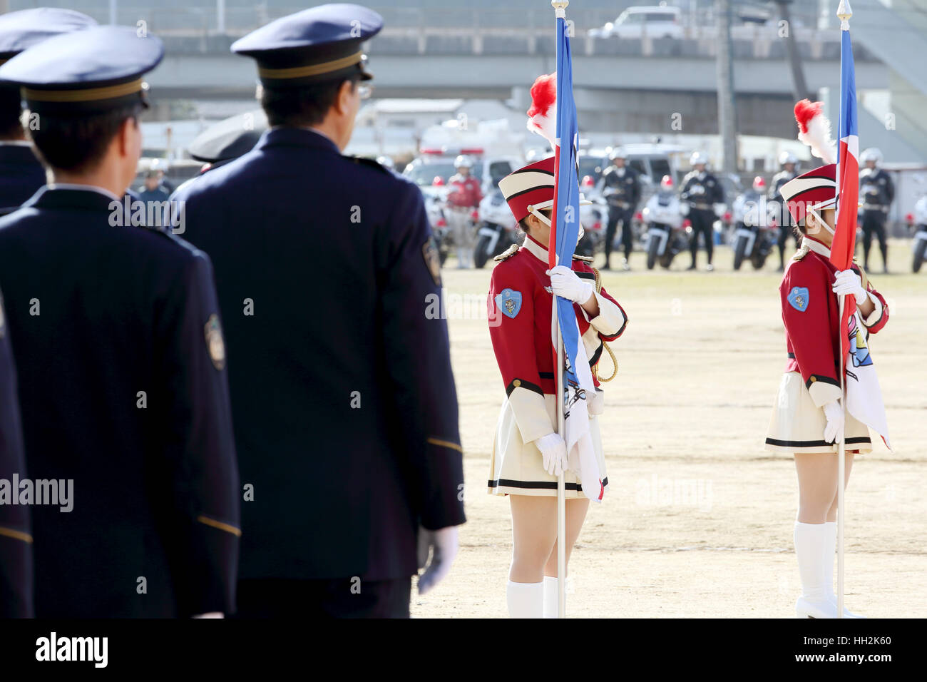 Japanese police officers perform at the parade, Sietusiki ceremony Stock Photo