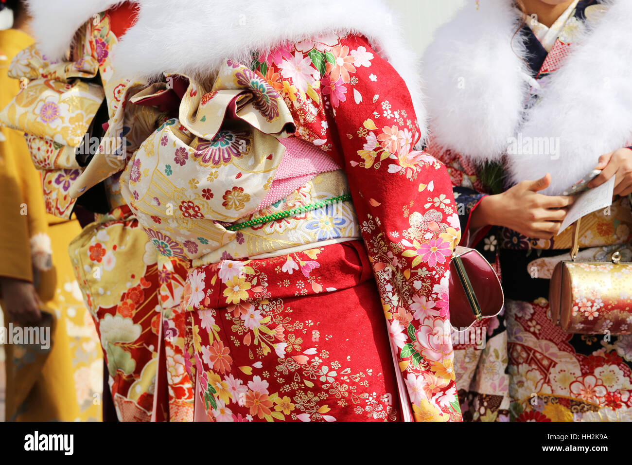 Back view of Japanese young women wearing traditional Kimono Stock
