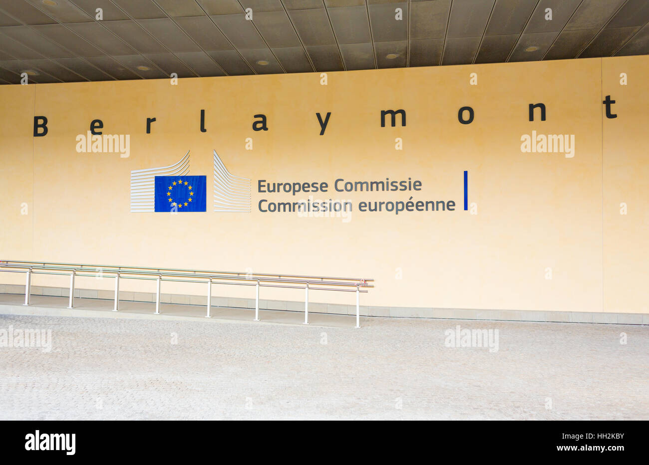 BRUSSELS, BELGIUM - AUG 9, 2014: Berlaymont building entrance. Berlaymont houses headquarters of European Commission. Stock Photo
