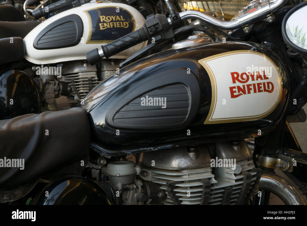 royal enfield motorbikes parked goa motorcycle logo brand Stock Photo