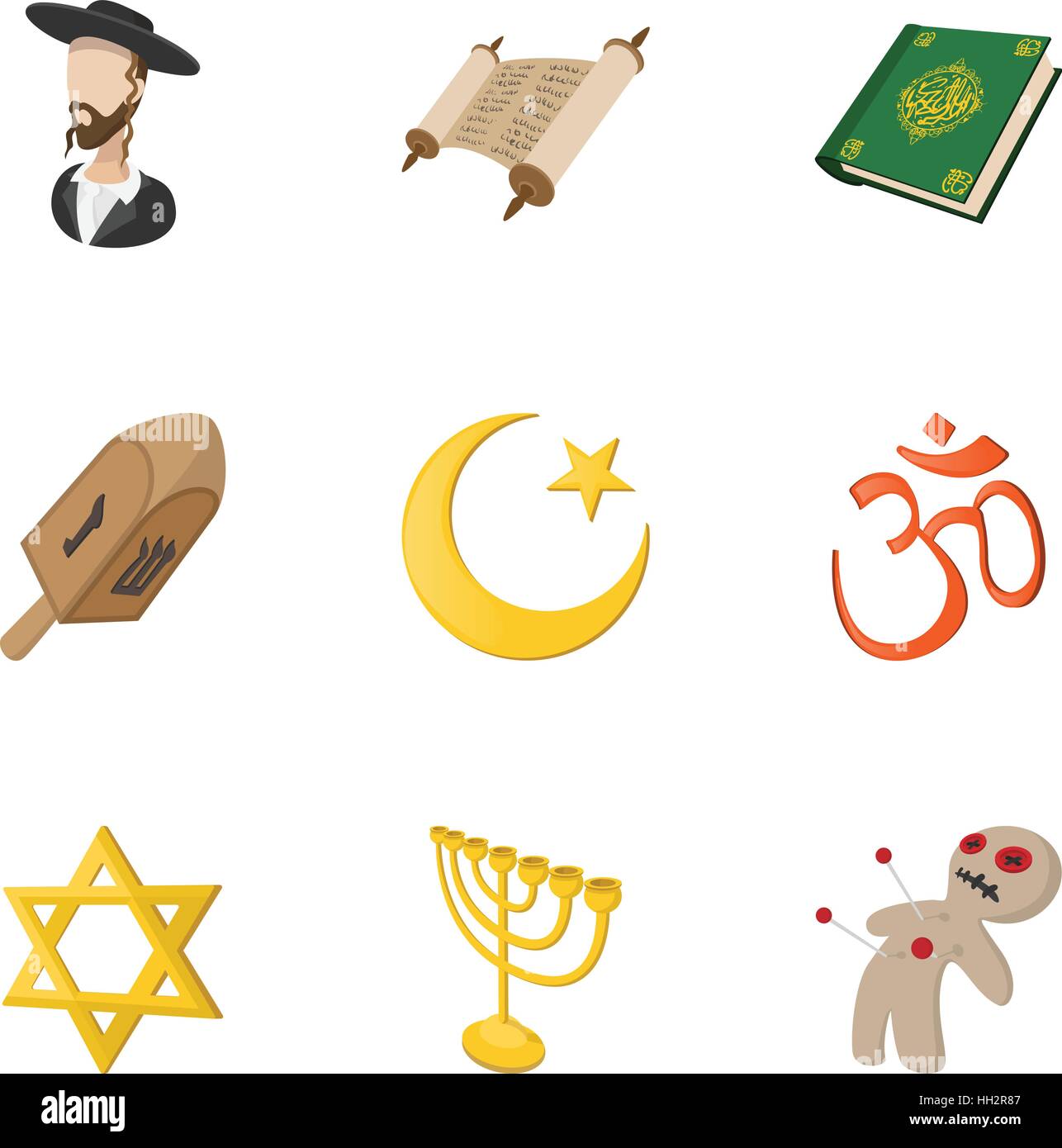 Religious faith icons set, cartoon style Stock Vector