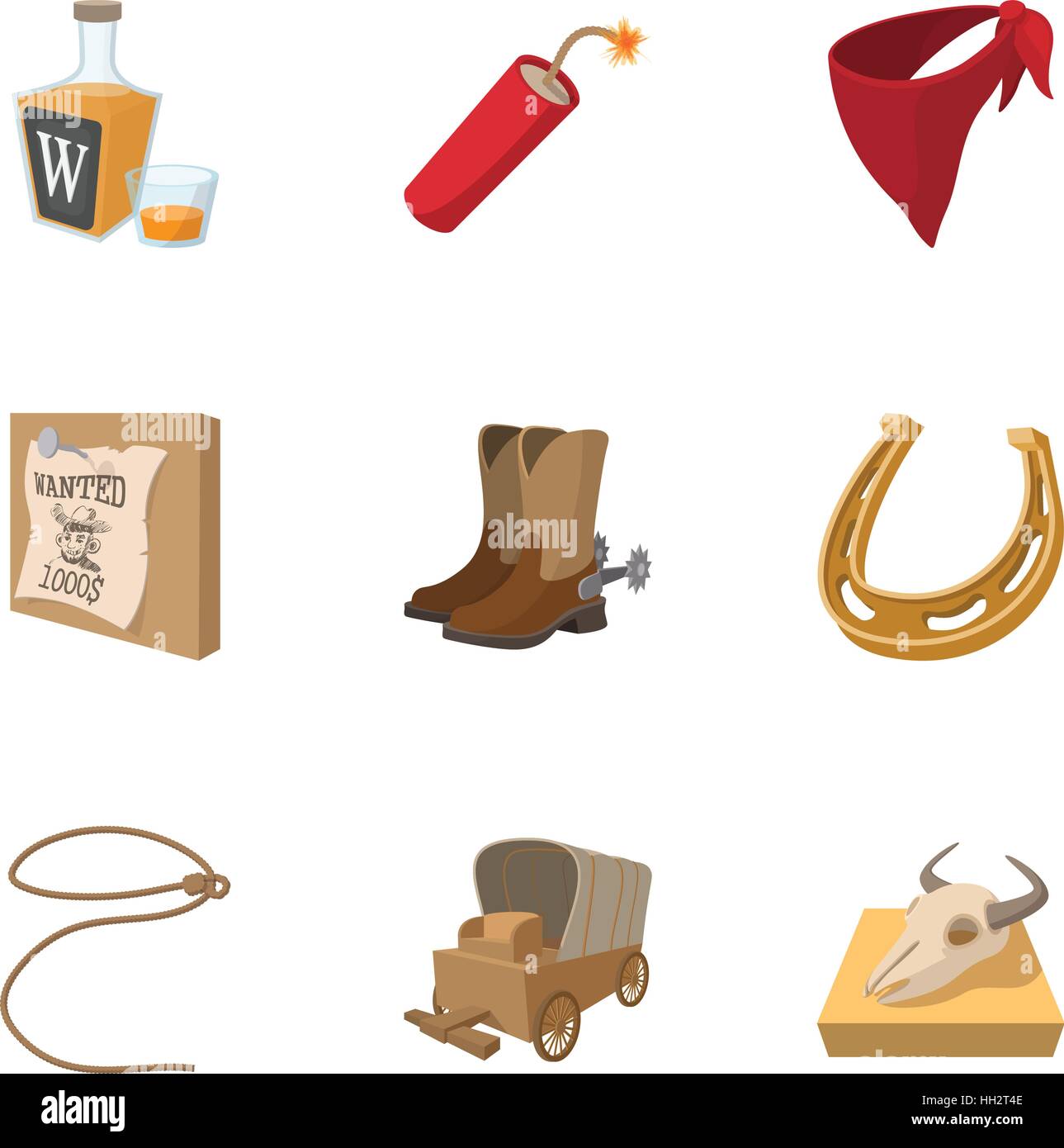 Cowboys of Wild West icons set, cartoon style Stock Vector